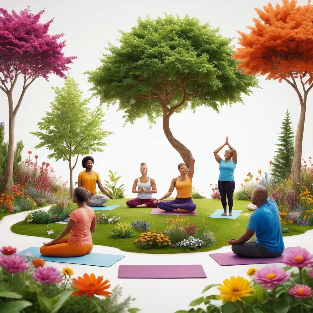 A vibrant community health scene depicting diverse individuals engaged in various activities promoting emotional well-being and preventative care, like yoga, group therapy, and cooking classes. Incorporate elements of nature, such as trees and flowers, symbolizing growth and healing. Show a warm, inviting atmosphere with bright colors showcasing community unity and support. super-realistic. vibrant colors. white background.