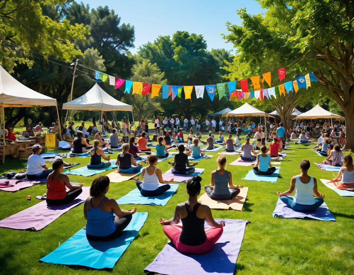 A vibrant community gathering in a park, featuring diverse people engaging in holistic wellness activities like yoga, meditation, and healthy cooking classes. Colorful banners promoting joyful health and empowerment surround the scene. Bright, warm sunlight bathes the landscape, highlighting a sense of happiness and connection to nature. Include elements of nutritious foods and natural healing practices in the background. super-realistic. vibrant colors. 3D.