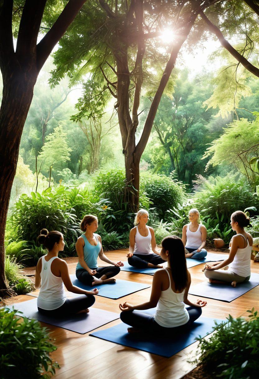 A serene scene depicting a diverse group of people engaging in holistic care activities, such as yoga, meditation, and nature walks, surrounded by lush greenery and soft sunlight. Include symbols of well-being like essential oils, herbs, and wellness tools scattered around. Capture the essence of community and support amongst diverse individuals. artistic and warm tones. soothing and inviting atmosphere.